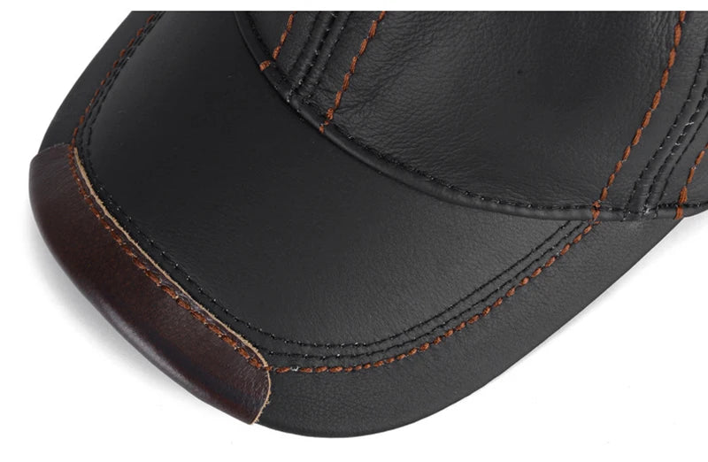Men Real Cowhide Leather Earlap Caps Male Fall Winter 100% Real Cow Leather Hats New Casual Real Leather Outdoor Baseball Cap