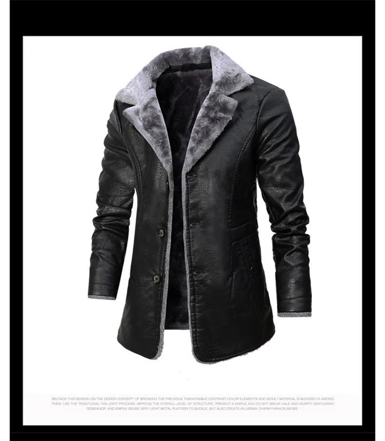 Winter Men's Leather Jacket Oversized Fur Long Coats High Quality PU Leather Thicken Fleece Casual Jacket Men Clothing A2F80818