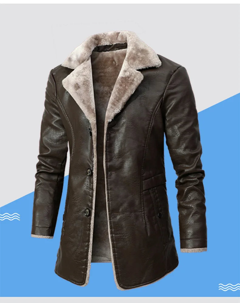Winter Men's Leather Jacket Oversized Fur Long Coats High Quality PU Leather Thicken Fleece Casual Jacket Men Clothing A2F80818