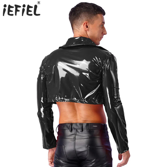 Mens Wet Look Long Sleeve Latex Cropped Coat Pole Dance Rave Cosplay Party Clubwear Lapel Patent Leather Jacket Motorcycle Coats