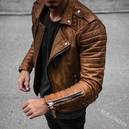 Leather Coat Men Spring Autumn Fashion Slim Lapel Locomotive Men Leather Jacket Solid Color Long Sleeve PU Brown Leather Jacket