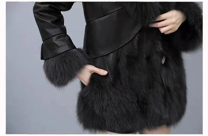 Chic Leather Jacket Women's Overcoat 2024 Autumn Winter New Faux Fox Fur Mid-Length PU Leather Stitching Thick Warm Coat Outwear