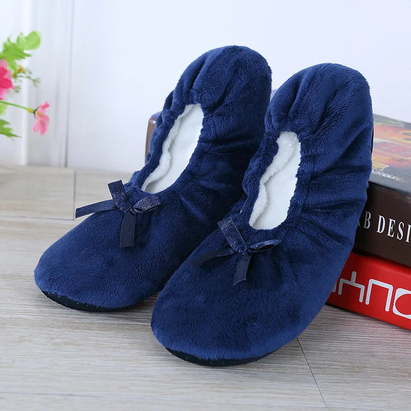 Women Ballerina Slippers with Satin Bow Winter Slippers Comfortable Warm Ballet Flats Girls Plush Slippers