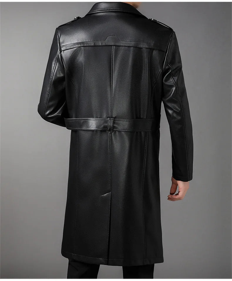 High Quality Knee-Length Men's Leather Overcoat for Autumn & Winter Double Breasted  Business Windbreaker Leather Coats PU-026