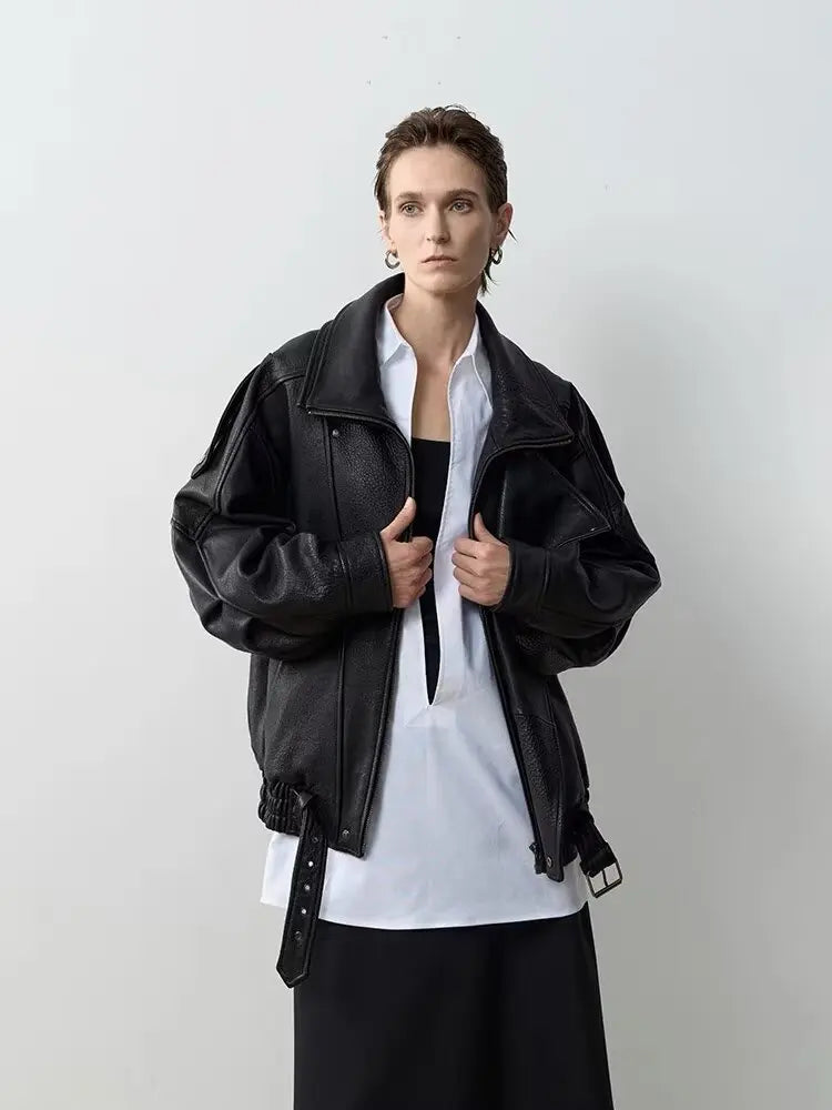 Faux Pu Leather Coats Women Solid Jackets Belt Zipper Turn Down Collar Long Sleeves Loose Casual Streetwear 2025 Spring Autumn