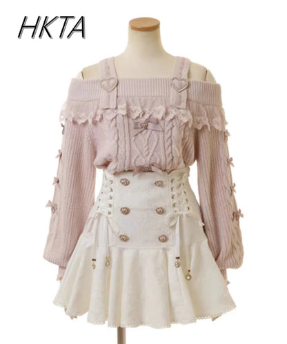 Japanese Sweet Bow Long-sleeve Knitted Pullover Sweater Autumn Winter New Off-shoulder Sexy Lolita Girls Liz Sweater Jumper Top
