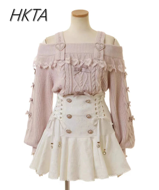 Japanese Sweet Bow Long-sleeve Knitted Pullover Sweater Autumn Winter New Off-shoulder Sexy Lolita Girls Liz Sweater Jumper Top