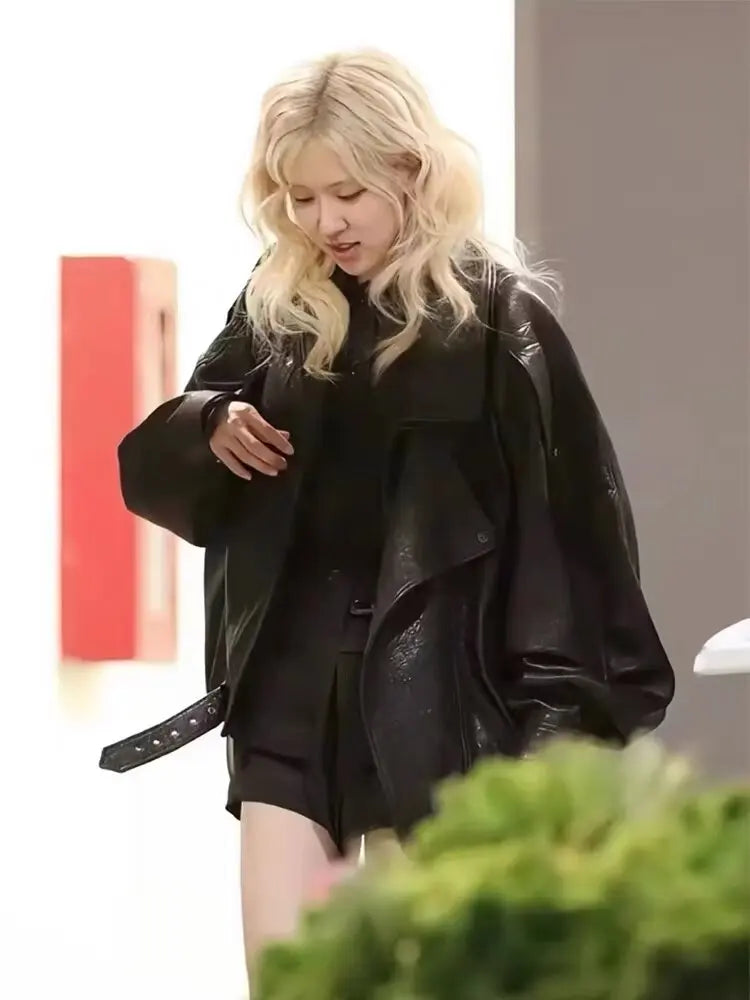 Faux Pu Leather Coats Women Solid Jackets Belt Zipper Turn Down Collar Long Sleeves Loose Casual Streetwear 2025 Spring Autumn