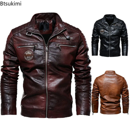 2025 Leather Jackets Men's Autumn Winter Fleece Motorcycle PU Leather Jackets Vintage Casual Stand Collar Windbreaker Slim Coats