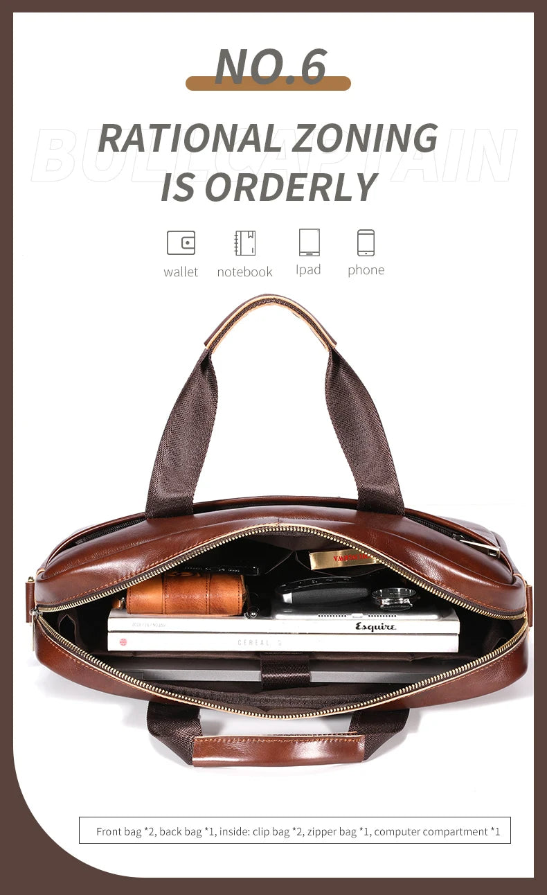 BULLCAPTAIN Leather Laptop Bag, Top Layer Leather 15" Laptop Bag Men's Laptop Briefcase Briefcase Work Business Travel Bag 053