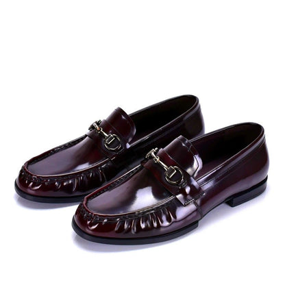 Black Genuine Leather Men's Shoes Loafers Pointed Toe British Design Horse Collar Buckle Lazy Patent Leather Dress Shoes