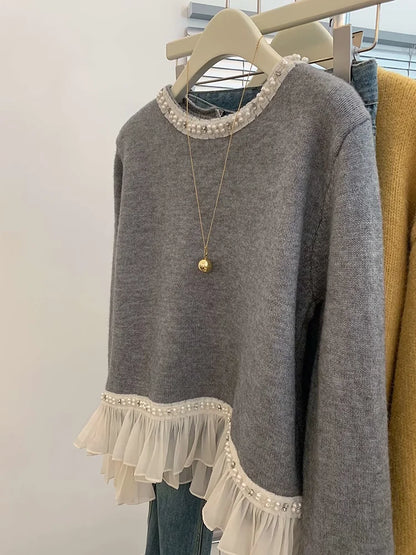 New Winter Sweet Loose Beaded Ruffled Pink Sweater for Women Fashion Versatile Casual and Elegant Knitted Sweater