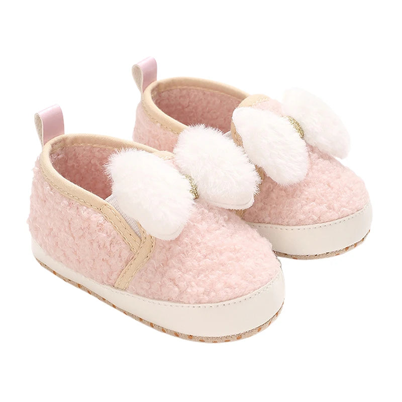 Cute Toddler Winter Boots Warm Plush Snow Booties Slip-on Soft Sole Shoes for Baby Girls with Bow Decoration and Anti-Skid