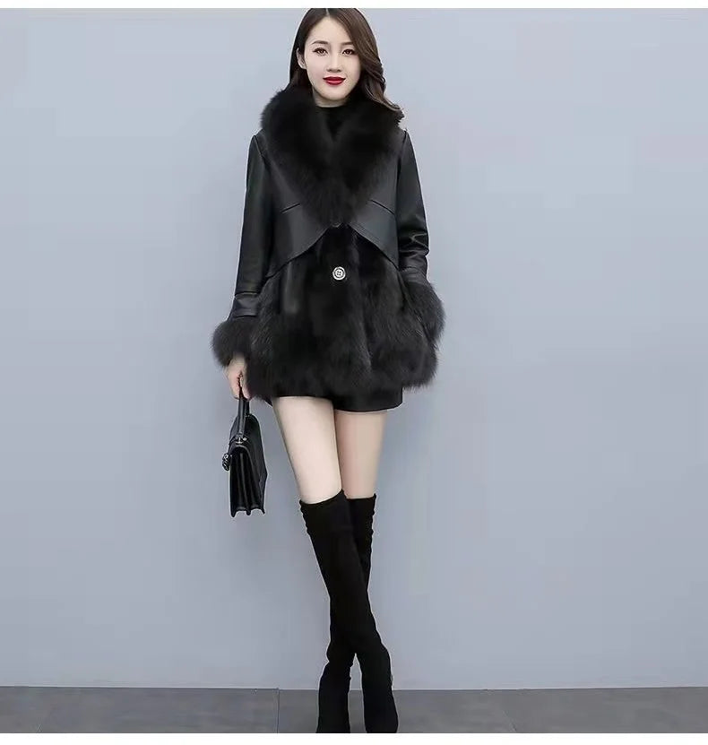 Chic Leather Jacket Women's Overcoat 2024 Autumn Winter New Faux Fox Fur Mid-Length PU Leather Stitching Thick Warm Coat Outwear