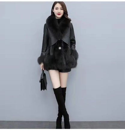 Chic Leather Jacket Women's Overcoat 2024 Autumn Winter New Faux Fox Fur Mid-Length PU Leather Stitching Thick Warm Coat Outwear