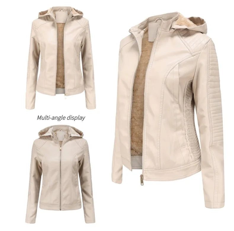 Faux Leather Women Coat Hooded Full Sleeve Slim Fit Solid Sexy Regular Jackets Zipper Casual Splice Coats Thick Warm Jacket