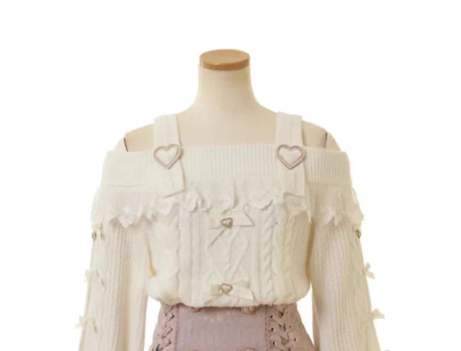 Japanese Sweet Bow Long-sleeve Knitted Pullover Sweater Autumn Winter New Off-shoulder Sexy Lolita Girls Liz Sweater Jumper Top