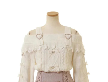 Japanese Sweet Bow Long-sleeve Knitted Pullover Sweater Autumn Winter New Off-shoulder Sexy Lolita Girls Liz Sweater Jumper Top