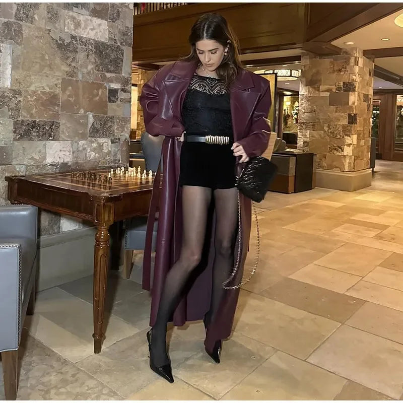 Fashion PU Leather Long Overcoats With Belt Women Luxury Lapel Button Oversize Jackets Female 2025 Autumn High Street Outerwear