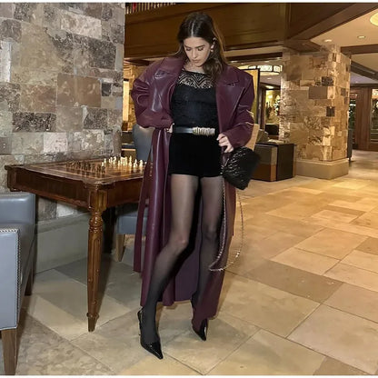 Fashion PU Leather Long Overcoats With Belt Women Luxury Lapel Button Oversize Jackets Female 2025 Autumn High Street Outerwear