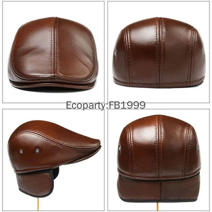 Men's Genuine Leather Hat Vintage Classic Thicker Warm Cowhide Leather Berets With Ears Snapback Cap Fashion Cap Gifts for Dad