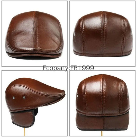 Men's Genuine Leather Hat Vintage Classic Thicker Warm Cowhide Leather Berets With Ears Snapback Cap Fashion Cap Gifts for Dad