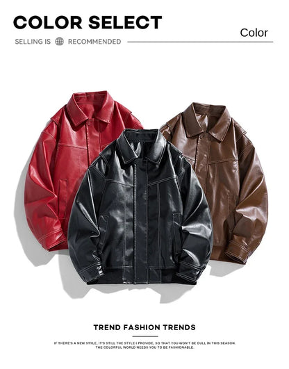 Europe The United States Trend Leather Jacket Spring Autumn New Loose Trend Men's Couple Jacket Lapel Motorcycle Handsome Coats