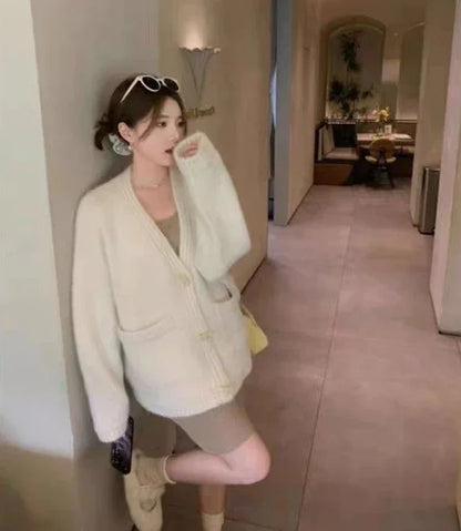 Ladies Sweaters Winter Button Knitted Top for Women White Cardigan 2025 New Collection Jumper Long Sleeve Knitwear Korean Luxury