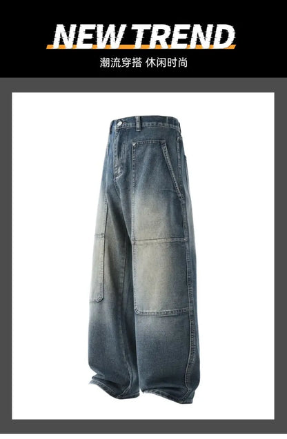 Men's Jeans Spring And Autumn Fashion Straight Tube Loose Washed Casual American Retro Original Color Wide Rivet Logging Pants