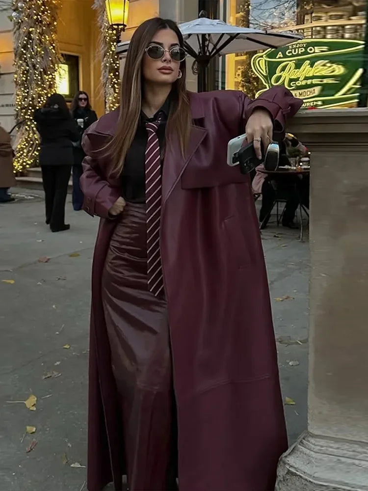 Fashion PU Leather Long Overcoats With Belt Women Luxury Lapel Button Oversize Jackets Female 2025 Autumn High Street Outerwear