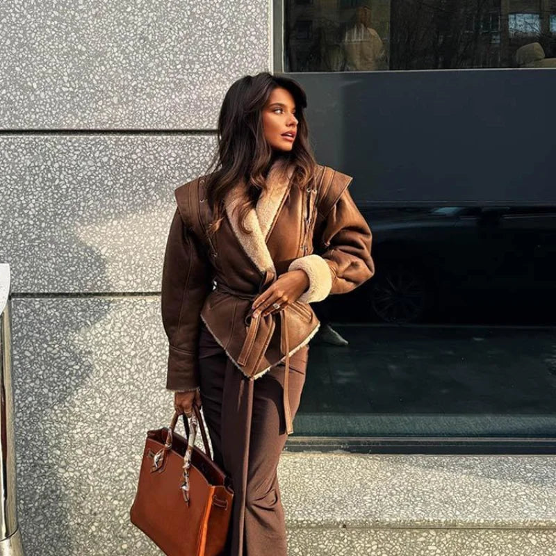 Leather Jackets Women's With Belt Fur Coat Streetwear Fashion Solid Outwear Woman Elegant Jackets Chaqueta De Cuero Para Mujer
