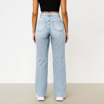 Wide-Leg Jeans Women Light Blue High-Waisted Simple Design Fashionable Trousers Loose-Fitting High-Height Pants Suitable Daily