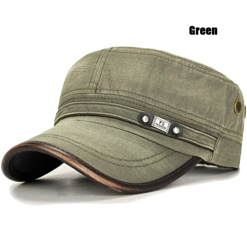 Leather Brim Washed Distressed Cotton Adjustable Military School Flat Cap Sun Hat Trucker Caps Dad Hats