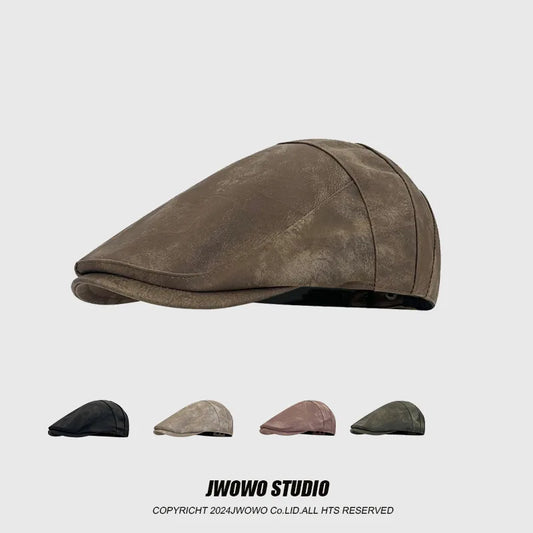 Vintage Leather Men Solid Color Berets Newsboy Caps Hip Hop British Painters Hats Spring Summer Adjustable Flat Cap
