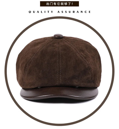 New Autumn Winter Natural Genuine Leather Caps For Men Suede Cowhide Leather Warm Berets Women's Hats British Fashion Golf Cap