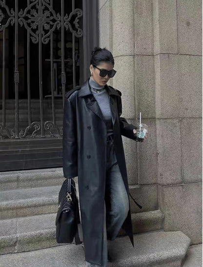 Women Faux PU Leather Coats Turn Down Collar Black High Waist Lace Up Long Jackets Casual Elegant Y2k Maxi Loose Windbreak