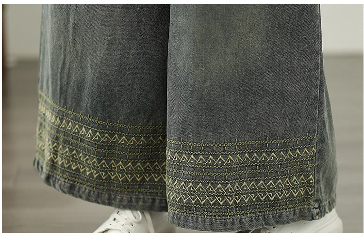 Jeans Women 2025 Autumn New Jeans Retro Heavy Industry Embroidery Ethnic Style Elastic Waist Casual Oversized Wide Leg Pants