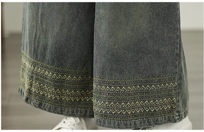 Jeans Women 2025 Autumn New Jeans Retro Heavy Industry Embroidery Ethnic Style Elastic Waist Casual Oversized Wide Leg Pants