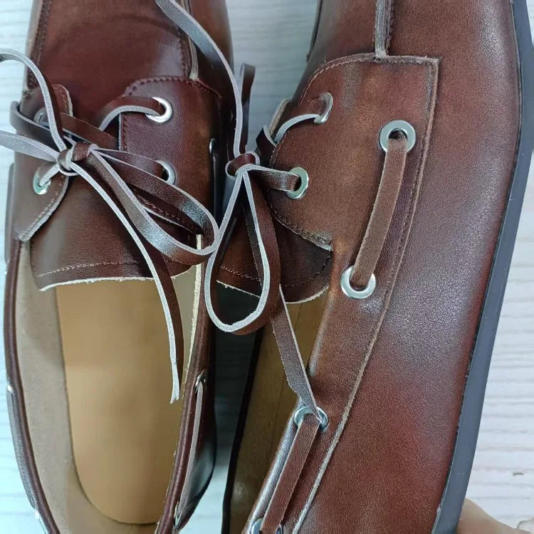Leather Shoes for Women 2025 Spring and Autumn Sheepskin Worn Dirty Tied Soft Soled Loafer Shoes Retro One Foot Women's Shoe