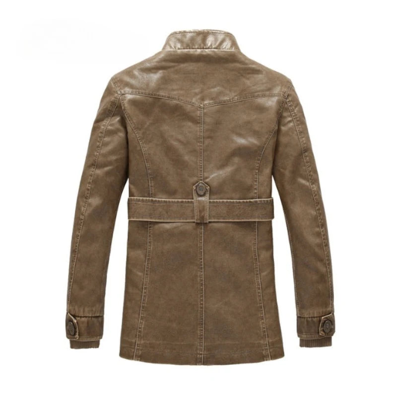 Leather Coat Men Stand-up Collar Autumn Winter New Men Mid-Length Casual Fashion Slim Fit Solid Color Leathercoat Fleece Jacket