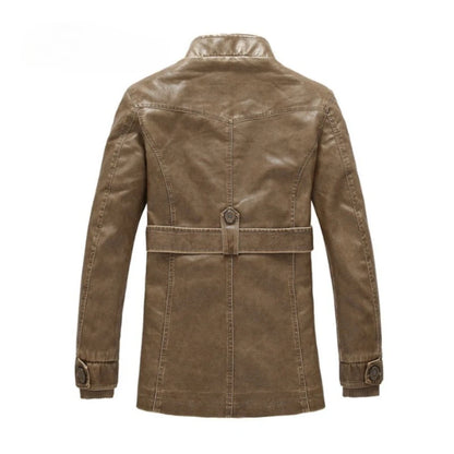 Leather Coat Men Stand-up Collar Autumn Winter New Men Mid-Length Casual Fashion Slim Fit Solid Color Leathercoat Fleece Jacket