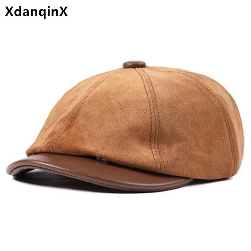 New Autumn Winter Natural Genuine Leather Caps For Men Suede Cowhide Leather Warm Berets Women's Hats British Fashion Golf Cap