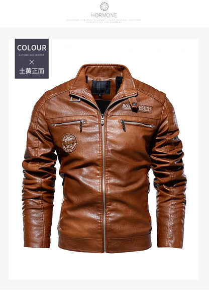 2025 Leather Jackets Men's Autumn Winter Fleece Motorcycle PU Leather Jackets Vintage Casual Stand Collar Windbreaker Slim Coats