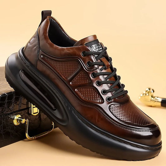 Genuine Leather Shoes Men Trendy Athletic Casual Walking Business Office Air Cushion Sneaker Sports Lightweight Streetwear Brown