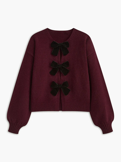 2025 Autumn Winter Sweet Coquette Women Wine Red Sweaters Cardigan Coat Long Sleeved Bow Knitted Temperament Women Outerwears