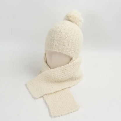 Winter Sweet Girl's Must-have - Wool Blend Beanie with Scarf and Shiny Furball