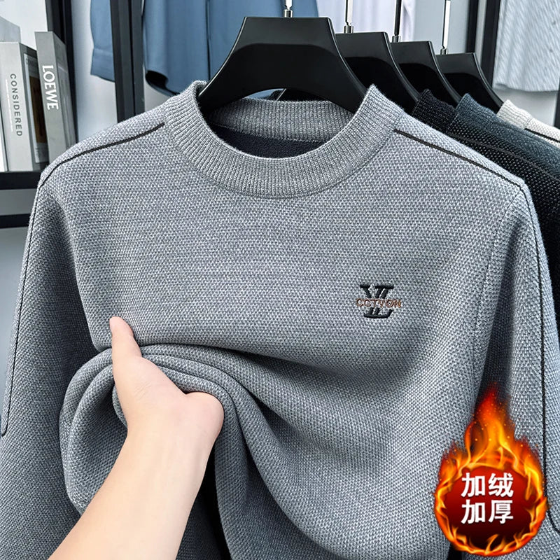 Winter 2025 Men's Sweater with Fleece and Mink Fur for Middle-aged Warmth, Integrated Fleece Base, Embroidered Round Neck Top