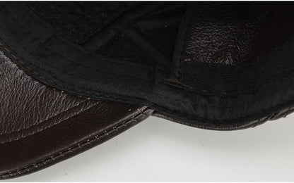 Hot Sale Casual Real Leather Earflap Cap Men's Real Cowhide Leather Caps Male Fall Winter Genuine Real Cow Leather Baseball Hats