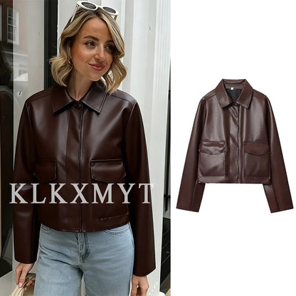 Women's Leather Jacket 2025 Autumn Winter New Fashion Women Long Sleeve Zipper Jackets Women High Street Elegant Short Coats
