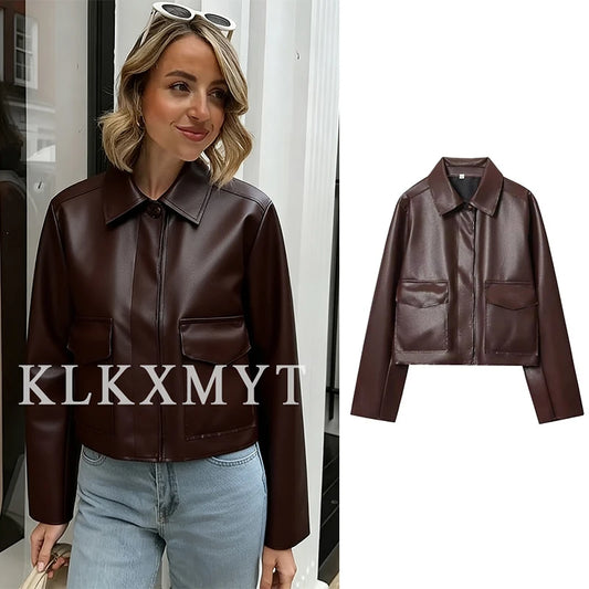Women's Leather Jacket 2025 Autumn Winter New Fashion Women Long Sleeve Zipper Jackets Women High Street Elegant Short Coats